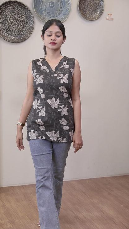 Ajrakh Cotton Sleeveless Top: Modern V-Neck-Blue