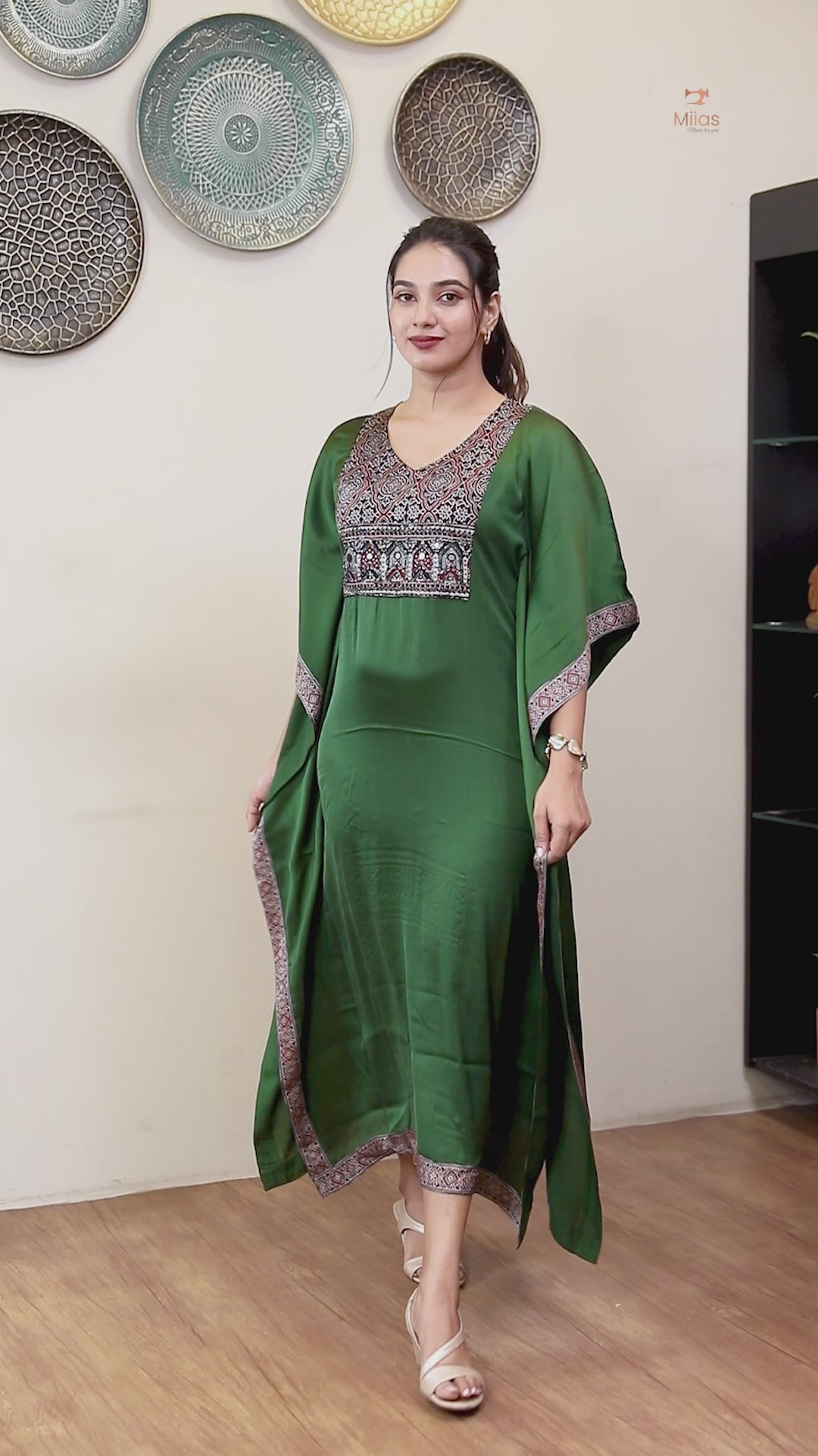 Modal Silk Kaftan: Embroidered Modal Dress with Beads & Mirrors-Emerald Green.