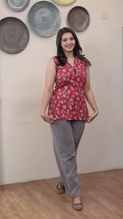 South Cotton Top: High-Neck Sleeveless Top w/ Potli Buttons-Red