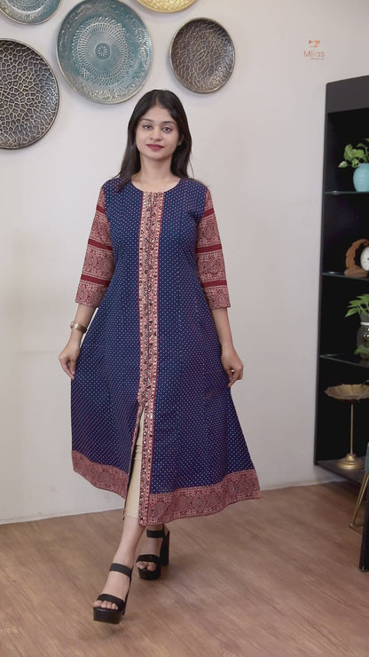 Ajrakh Cotton Kurti – Mirrored Panel Dress with Sequins-Black