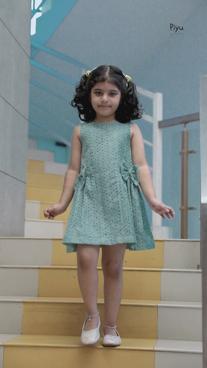 Soft Hakoba Lined A-Line Dress w/ Bow & Pleats-Pastel Teal Green.