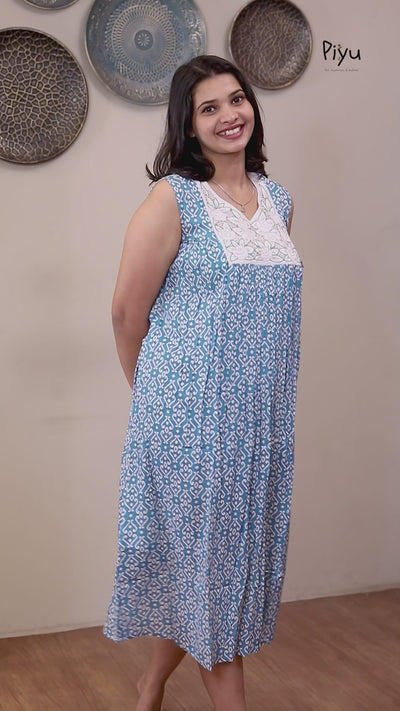 Cotton Lounge Dress: 55" Length with Pocket-Blue