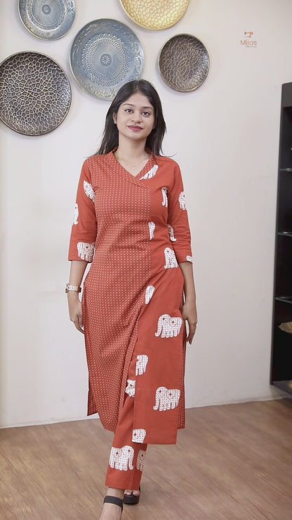 Premium Cotton Co-ord Set: Slit Top & Pocketed Bottom-Berry Red.