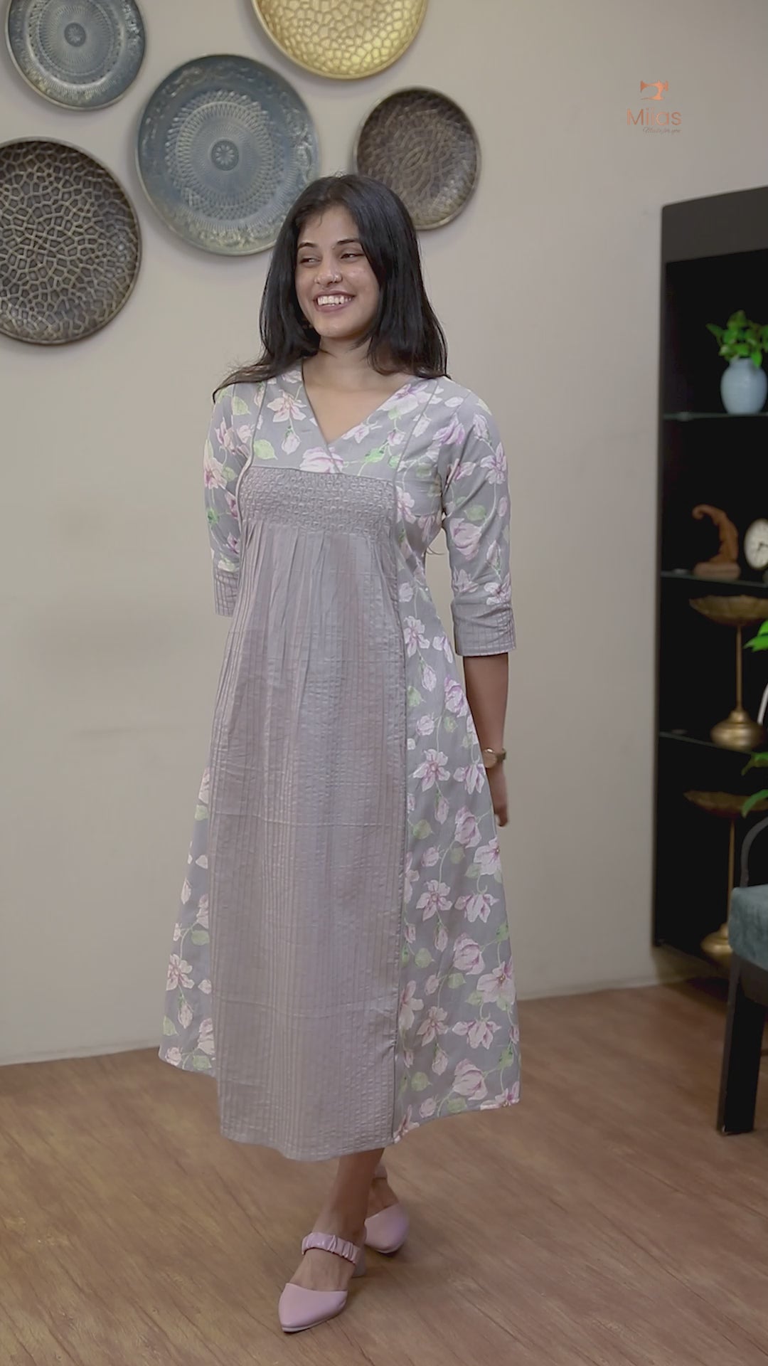 Cotton Kurti | Printed & Pintuck Panels with Smocking