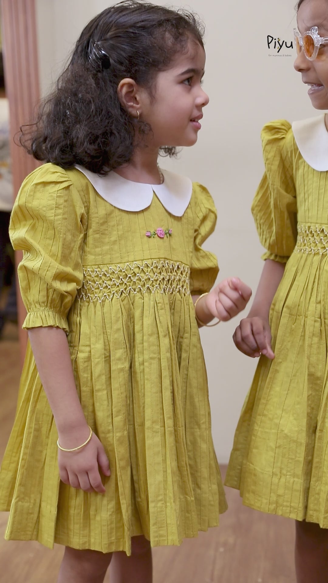 Cotton Pintuck Frock | Smocked Floral Yoke | Yellow