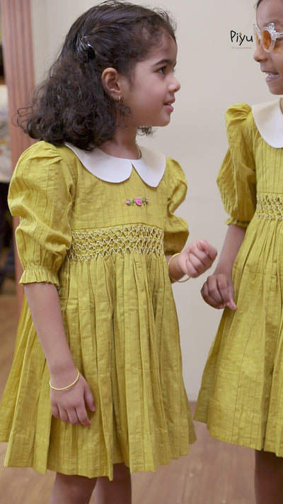 Cotton Pintuck Frock | Smocked Floral Yoke | Yellow