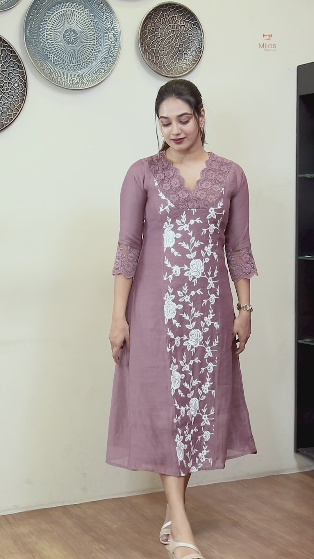 Mul Chanderi Dress Kurti | Embroidered 3-Panel Design-Brown.