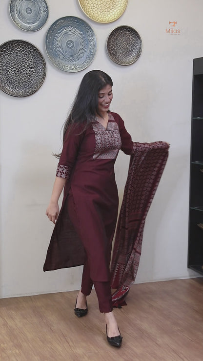 Spun Silk Top & Bottom Set with Modal Silk Dupatta-Maroon