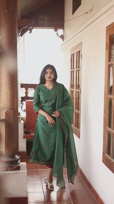 Mul Chanderi Kurti only with Embroidered Panels & Lace-Bottle Green.