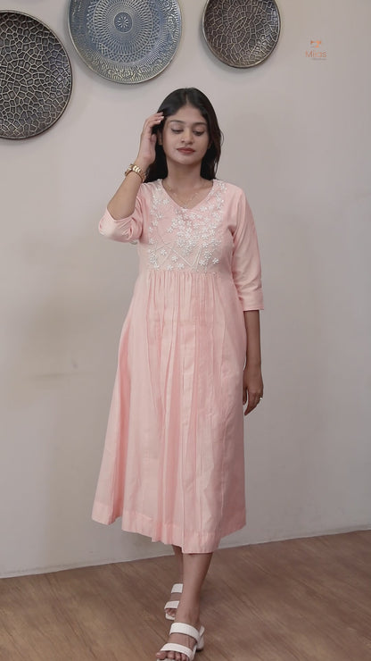 Mul Chanderi Kurti Dress with Beaded Yoke & Pleats-Peach