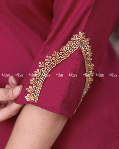 Vatican Fabric Slit Top | Beaded Round Neck | Rani Pink