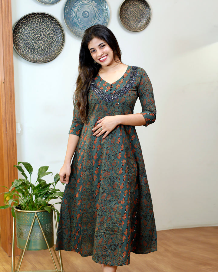 oft Cotton Kurti with Mirror & Bead Work | Panel Design & Embroidered Border Sleeves-1