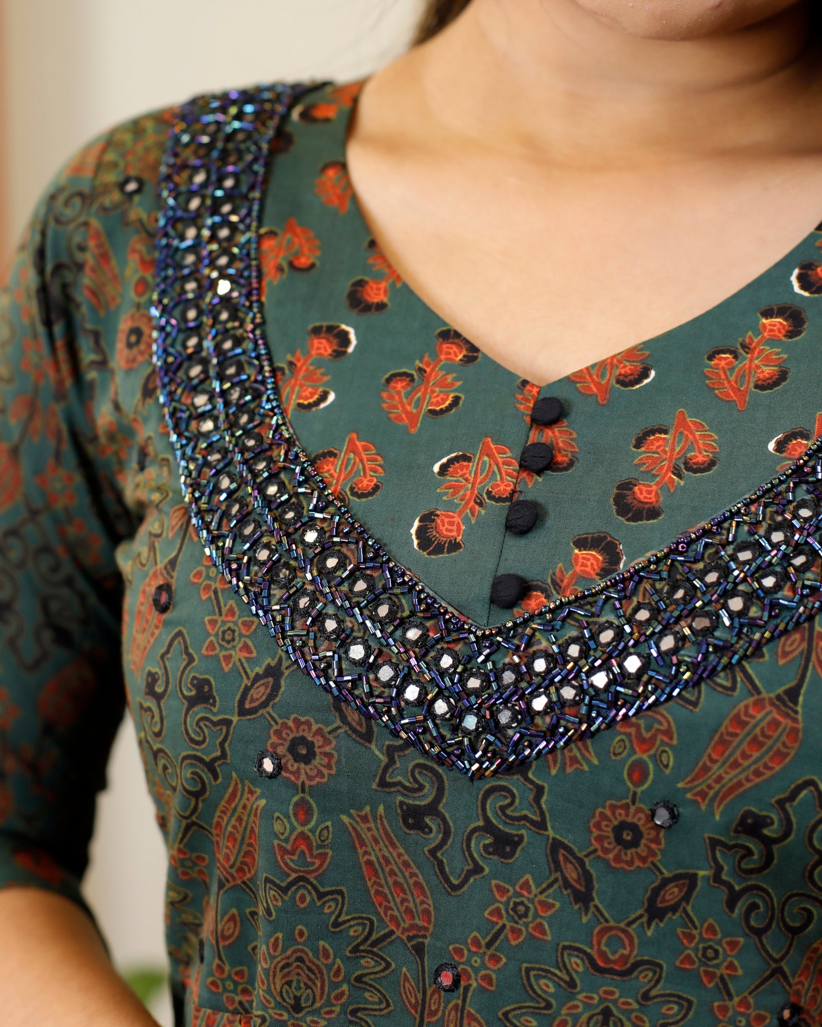 Soft Cotton Kurti with Mirror & Bead Work | Panel Design & Embroidered Border Sleeves-2