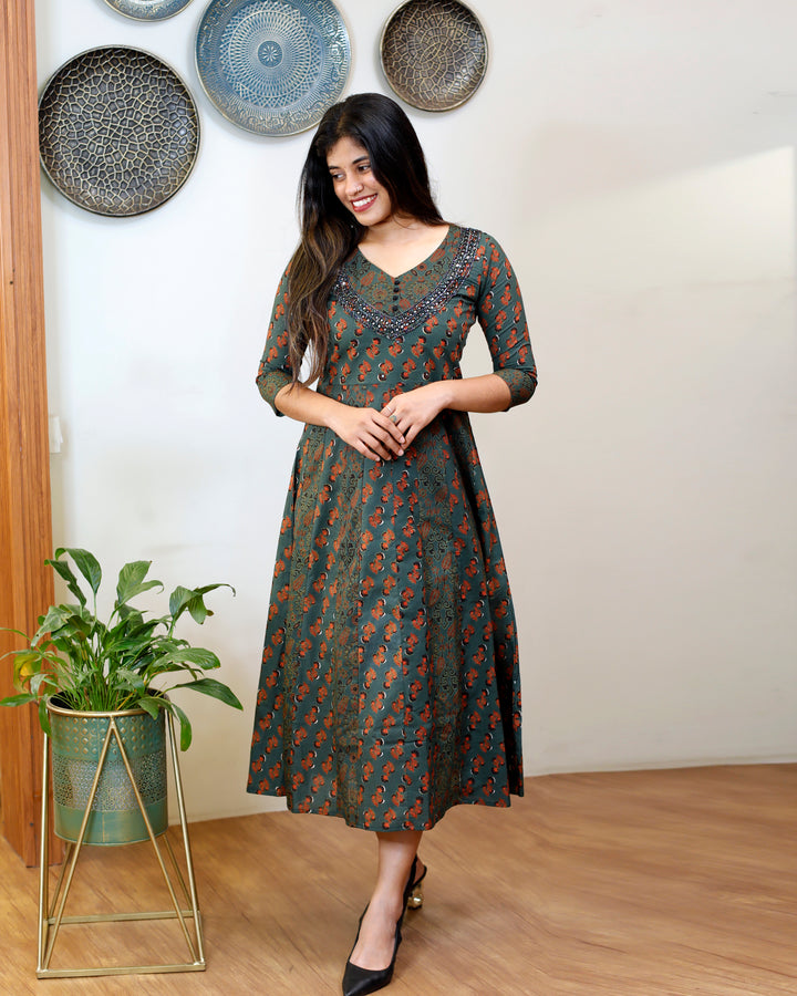 Soft Cotton Kurti with Mirror & Bead Work | Panel Design & Embroidered Border Sleeves-3